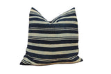 Vintage handmade African textile throw pillow, featuring bold indigo and light striped patterns, 16x16 inches.