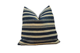 Handmade vintage African textile throw pillow with indigo and natural striped pattern, 16x16.