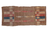Distressed vintage Oushak runner with camel field, faded floral motifs in red, blue, ivory.