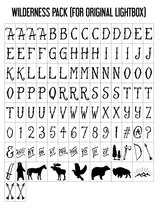Chart of the full Wilderness Pack set showing all letters, numbers, and animal silhouette tiles.