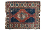 Antique Shirvan square rug, bold red and cobalt geometric medallion, floral border, aged patina.