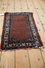 Corner of Engelas rug, madder root rust field, sapphire blue vine border, frayed edges.