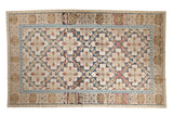 Distressed Turkish Soumac Design Carpet featuring ivory, sapphire blue, and red multi-medallions with heavy abrashes. 6'9