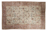 Vintage distressed Sparta carpet with an allover ivory floral design, pink border, blue accents, 7'4
