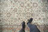 Vintage Distressed Sparta carpet, ivory, apricot, and jade green lotus flowers, with wear to foundation.