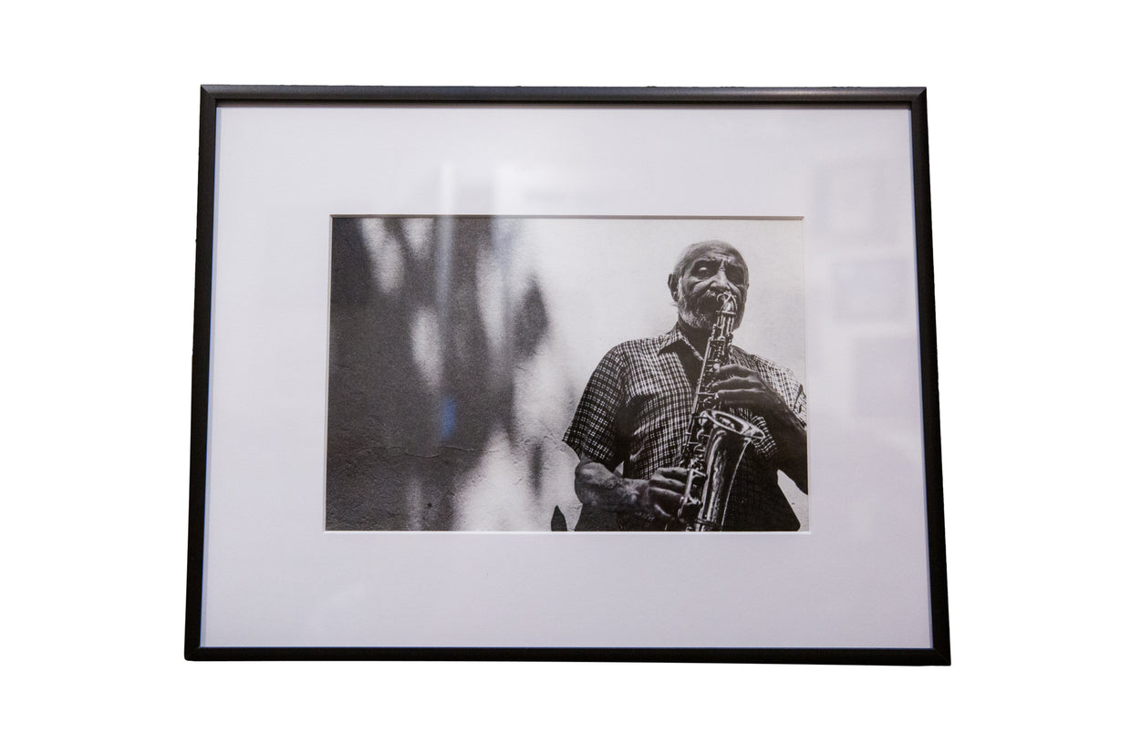 The Sax Man Framed Black and White Photograph // ONH Item 9722
