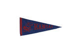 Blue vintage Kansas University felt flag, red KANSAS lettering and Jayhawk mascot, 4x9 inches.
