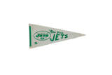 Vintage New York Jets felt pennant, green team logo on off-white, with vintage patina, 4x9.