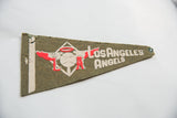 Angled view of the vintage Los Angeles Angels pennant highlighting its stiff, weathered felt texture.