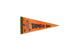 Vintage Tampa Bay felt pennant with 1970s football player graphic, orange, green, 4x9 inches.