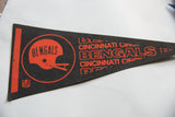 Detail of the vintage Cincinnati Bengals felt pennant with NFL logo and visible pinholes.