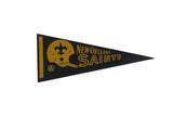 Vintage New Orleans Saints felt pennant with gold helmet logo and lettering, 5x12 inches.