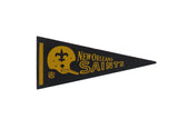 Vintage New Orleans Saints felt flag pennant, black and gold, with helmet logo, circa 1970s.