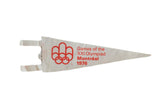 Vintage Montreal 1976 Olympiad felt flag pennant with red logo and lettering.