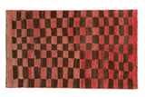 Distressed vintage Tulu rug with nuanced red and brown checkered pattern, 2'8