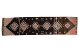 Distressed hand-knotted Turkish Kars runner, geometric medallions, charcoal, brown, and blush pink.