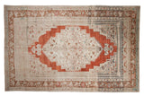 Vintage Distressed Oushak carpet with brick red medallions, abrashed sand field, and meandering floral borders, 7'3