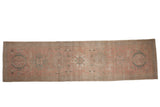 Vintage Distressed Karaja runner, single column medallions, muted pink, dusty blue, and beige.