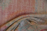 Vintage distressed Oushak rug pile with softened texture, pale raspberry red, ivory, seafoam green.