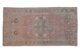 Vintage distressed Oushak rug, dusty rose abrashed field, seafoam green medallion, 3'4