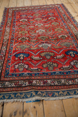Detail of vintage Hamadan rug's red and blue geometric vines, palmettes, and scattered figures.