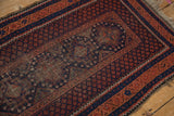 Vintage Beshir rug showing seed motif field in terracotta and indigo vine border.