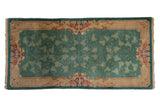Vintage hand-knotted Chinese Nichols runner with jade green scrolling vinery and tan Rococo border.