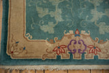Corner of vintage Chinese Nichols runner with rococo sand border, jade field, and fringe.
