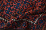 Vintage Belouch rug with madder root red, sapphire blue diamond lattice, and patterned border.