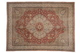 Vintage distressed Sparta carpet, large madder rust medallion, floral design, time-softened tones, 8x11.