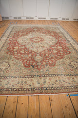 Distressed vintage Turkish Sparta carpet lower border, madder rust, sand, and dusty teal floral motifs.