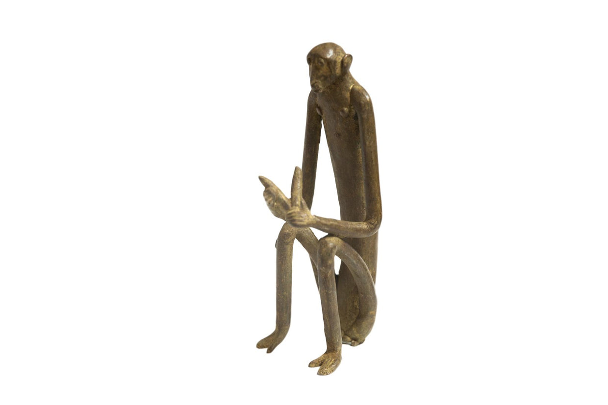 African Bronze Vintage Scuplture Casting Seated Monkey Peeling Banana