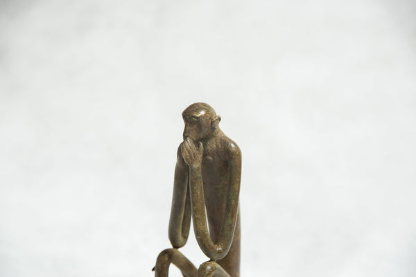 African Bronze Vintage Scuplture Casting Seated Monkey Hands Covering Mouth