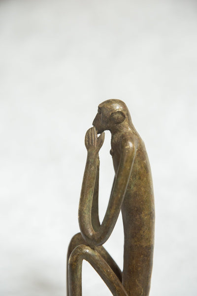 African Bronze Vintage Scuplture Casting Seated Monkey Hands Covering Mouth