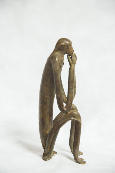 African Bronze Vintage Scuplture Casting Seated Monkey Hands Covering Mouth