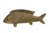 Vintage African bronze sculpture of a large standing bass fish with detailed scales.