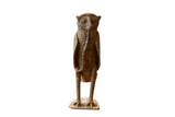 Vintage African bronze owl sculpture holding a snake, intricate details, dark patina.