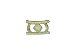 Vintage African bronze belt buckle with a geometric design, central spiral, and rope-textured edges.
