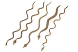 Vintage African iron snake sculptures with long wavy bodies and a rustic oxidized patina.