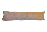 Vintage lumbar pillow with faded beige and muted blue geometric Oushak rug remnant, 12x43 inches.