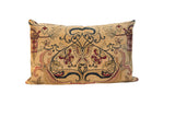 Vintage rug fragment pillow with antique Persian Kerman mythological design, beige, dark blue, ruby red.