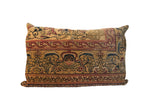 XL Vintage rug fragment pillow, antique Persian Kerman, beige, red, and blue floral design, 24x36.
