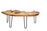 Expressive live edge wood coffee table with natural organic top and black hairpin legs, 47 inches wide.