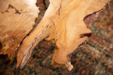 Detailed view of the expressive live edge wood coffee table's rich grain and organic edge.