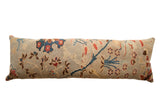 Antique Persian Sultanabad lumbar pillow with seafoam, cobalt, madder root floral vinery motif, 45x14.