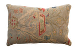 Antique Persian Sultanabad rug fragment lumbar pillow, seafoam green, cobalt, and red floral vinery.