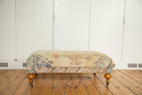 Vintage Turkish Rug Ottoman, pale yellow Oushak fragment, turned wood legs, brass casters.
