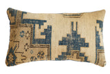 Reclaimed Vintage Caucasian Rug Pillow, geometric indigo and sand-toned pattern, 9x16.