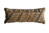 Reclaimed vintage Caucasian rug lumbar pillow, distressed geometric beige and teal design.