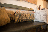 Intricate blue and beige geometric pattern of the vintage Caucasian lumbar pillow.